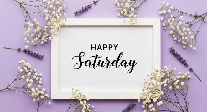 Happy saturday text in a white frame surrounded by delicate white flowers and lavender sprigs on a purple background