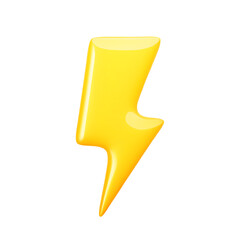 Yellow glossy 3d lightning bolt icon in realistic style isolated on white background. Thunder sign for website, mobile app and sale banner. Symbol of charger, energy, danger. Vector illustration