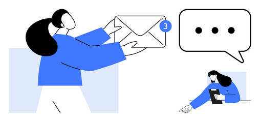 Woman holding an envelope with a notification badge. Additional scene shows using a tablet. Ideal for communication, digital messaging, teamwork, social media, remote work, productivity, simple