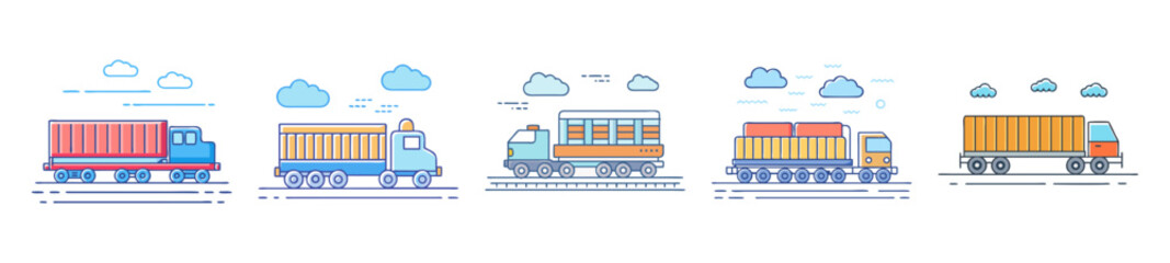 Cargo Trains with Containers – Railway Transport Icon Set

