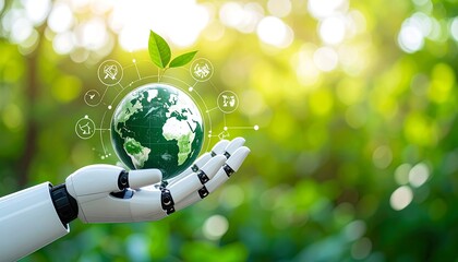 Robotic hand holds a green Earth in a nature background