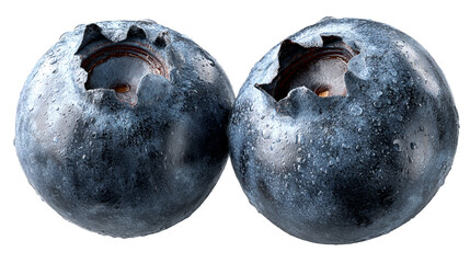 Obraz premium Two fresh blueberries with water droplets on white background