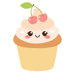 Cupcake with cherry blush in kawaii-style vector illustration