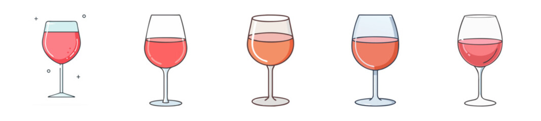 Elegant Wine Glasses with Rose-Colored Drink – Hand-Drawn Vector Set

