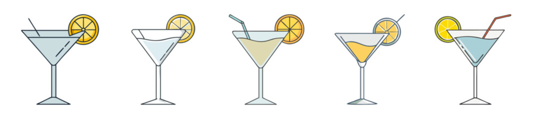 Refreshing Cocktail Glasses with Citrus Garnishes – Minimalist Line Art