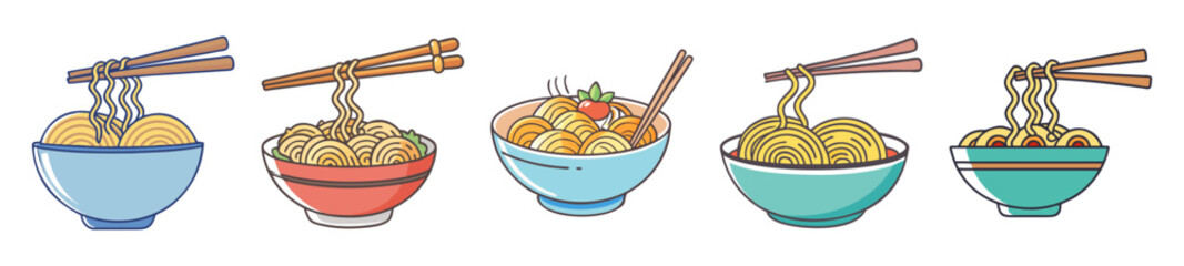 Bowl of Asian Noodles with Chopsticks in Cartoon Style

