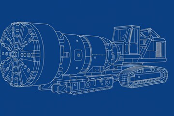 A blueprint illustration of a modern tunnel boring machine on a blue background.
