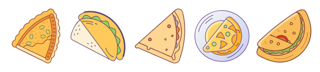 Delicious Fast Food Icons – Tacos, Pizza Slices, Wraps & Quesadillas Collection