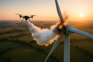 A drone discharges smoke near a damaged wind turbine at sunset.