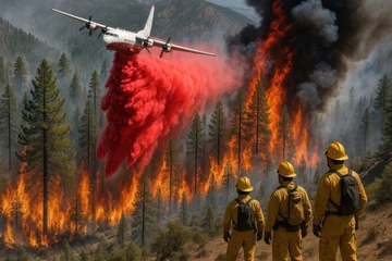 A firefighting plane drops red retardant on a wildfire while firefighters observe the flames. © Vadim Pushenko