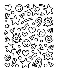 Fun Black and White Doodle Pattern Background with Stars Hearts Smileys Triangles and Circles Hand Drawn Design