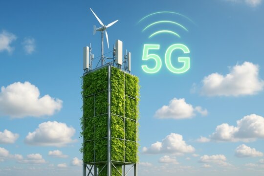 A greenery-covered cellular tower with wind turbine and 5G signal in a blue sky. - Powered by Adobe