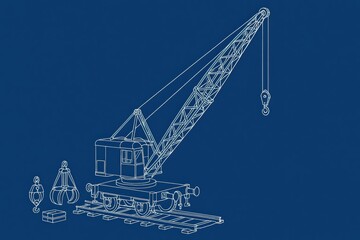 Blueprint illustration of a crane with accessories on a blue background.