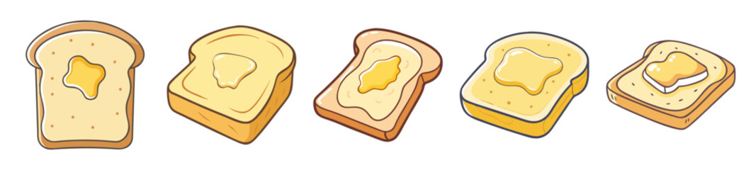 Toasted Bread with Butter Icon Set – Breakfast Food Cartoon Collection