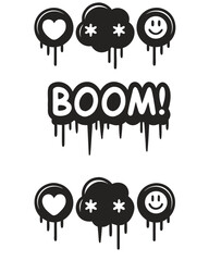 Graffiti Style Stickers Icons with Heart Cloud Smiley and Boom Word Black and White Vector Design for Digital Art