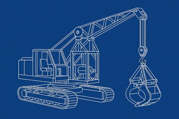 Blueprint illustration of an excavator with a claw attachment against a blue background.