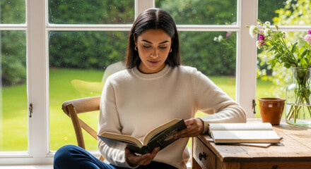 Young woman in cozy beige sweater reading book at wooden desk by bright window with garden view. Fresh flowers and natural lighting create peaceful reading atmosphere.