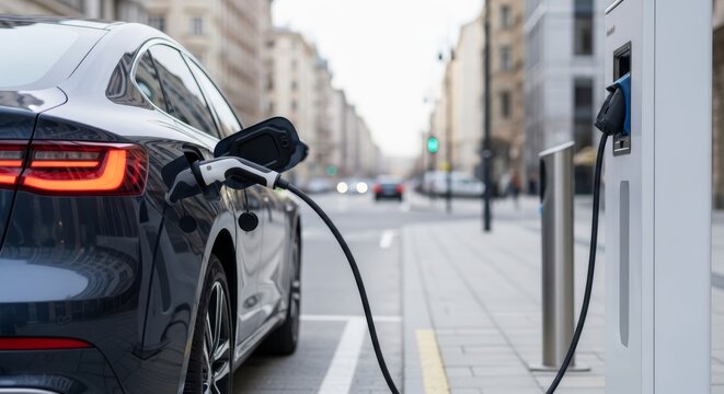 An electric vehicle is parked and charging at a public charging station on a European city street, symbolizing sustainable urban transport.