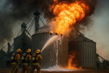 Firefighters combat a large blaze at a grain silo, using water to extinguish flames.