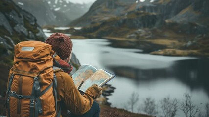 A person examines a map while wearing a backpack, great for travel or adventure themes