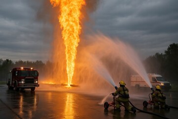 Firefighters extinguish a large fire tower while using hoses amid a cloudy sky.