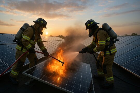 Firefighters extinguish a fire on solar panels at sunset.