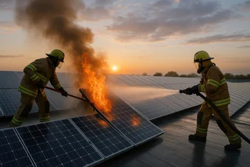 Firefighters extinguishing flames on solar panels during sunset. © Vadim Pushenko