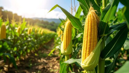 Corn stalks in a field on a sunny day