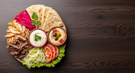 Chicken and Beef Shawarma Ready to Wrap with Garlic Sauce, Tahini, Fresh Vegetables and Pickles on Pita Bread on Rustic Wooden Board – Editorial Image for Middle Eastern Street Food Branding