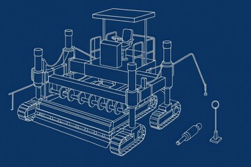 Technical blueprint of a robotic machine with tracks and a control cabin.