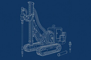 Technical drawing of a drilling machine with tracks and attachments on a blue background.