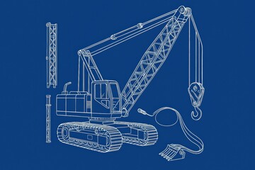 Technical illustration of a crane with components on a blue background.