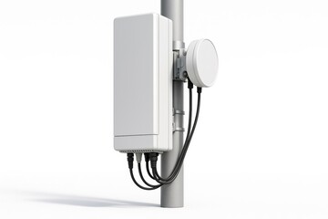 Wireless communication equipment mounted on a pole with an antenna and cables.