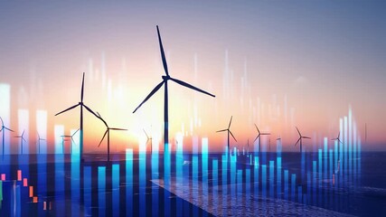 Wind turbines at sunset with financial data overlay, renewable energy concept - Powered by Adobe