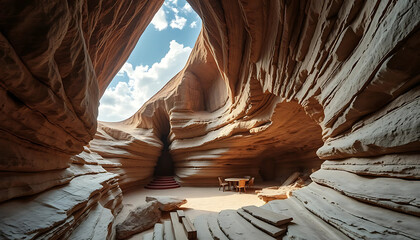 A carved stone enclave submerged into a cliffside fold, lit from above by a continuous skylight tracking the movement of passing clouds.
