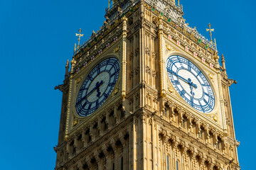 Close-Up of Big Ben in London on a Bright Sunny Day with Clear Blue Sky