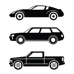 Fototapeta premium Set of car vector illustrations featuring diverse auto, automobile, vehicle, and transport designs, from classic to luxury sports models, with detailed wheels and iconic silhouettes