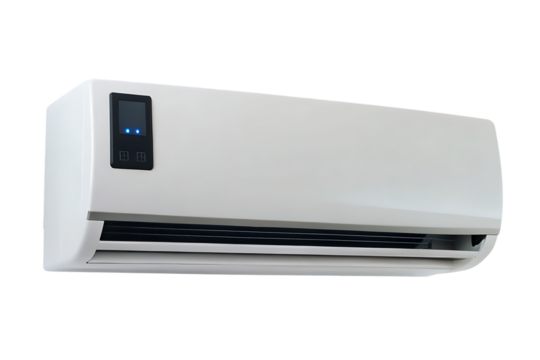 White wall mounted air conditioner with digital display isolated on a transparent background
