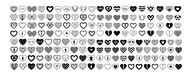 Diverse black and white heart illustrations with various patterns hearts love