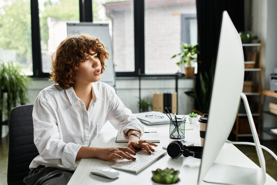 Focused young businesswoman with curly hair working diligently in modern office space