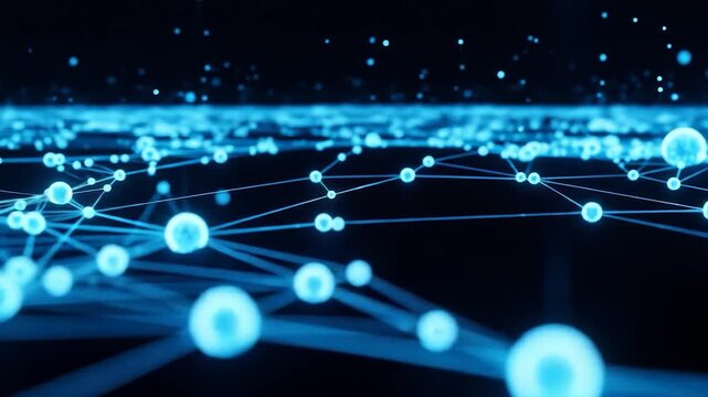 Abstract network of glowing blue spheres and lines on a dark background