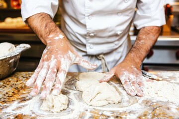 Fototapeta premium Chef prepares dough on a flour-dusted countertop in a busy kitchen during midday