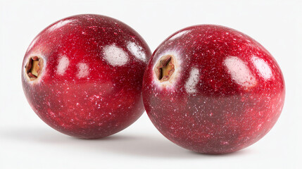 Obraz premium Two whole red cranberries with white speckles on white