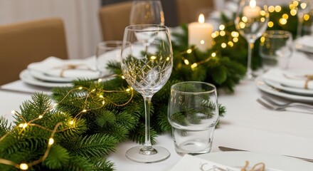 Elegant christmas table setting with festive decorations and sparkling lights