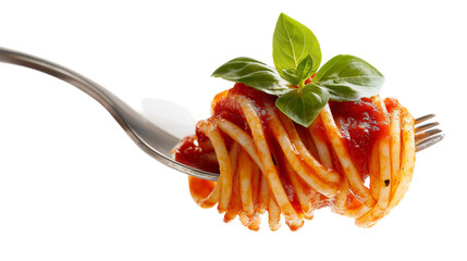 Spaghetti with Tomato Sauce and Basil on a Fork
