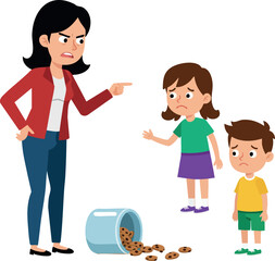 Angry mother scolding children for spilled cookies vector illustration in flat style