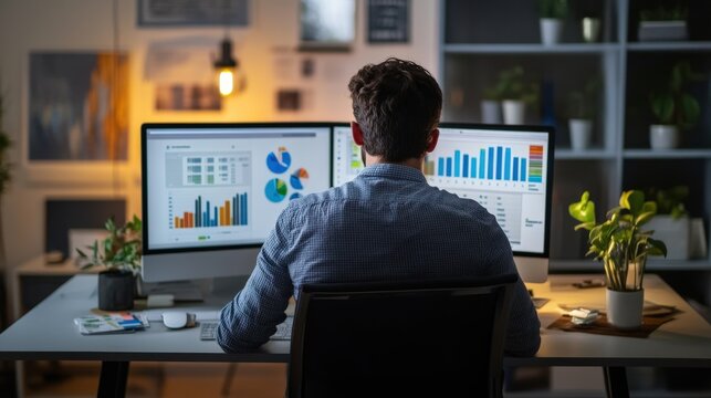 Person analyzing data on dual computer monitors.