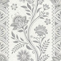 Obraz premium Elegant Grayscale Floral Vine Pattern with Ornate Borders for Textile and Wallpaper Design.