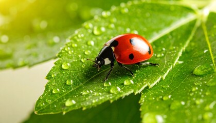 Fototapeta premium Ladybug on dewy leaf (1)