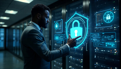 An African businessman in a grey suit in a dimly lit server room interacting with a virtual screen showing digital firewall and anti-virus technology representation illuminated by server lights
